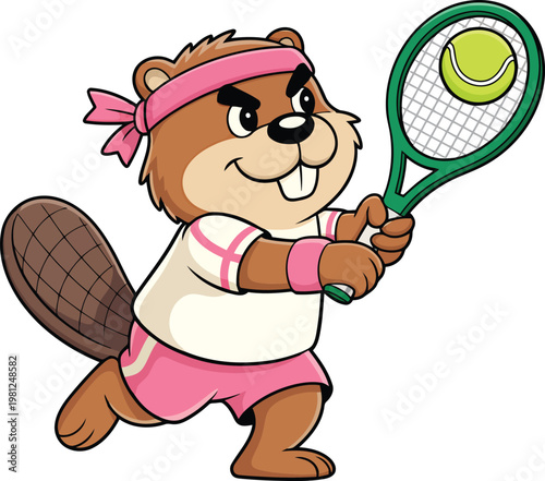 Cartoon beaver enthusiastically prepares to serve a tennis ball