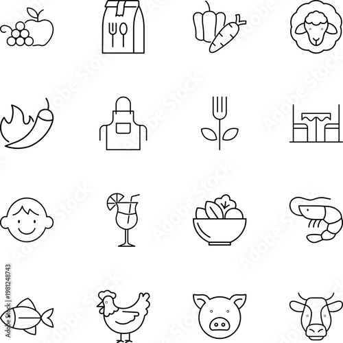 Food, cooking and restaurant vector icon set, chicken, pig, fish, shrimp, carrot, pepper, salad