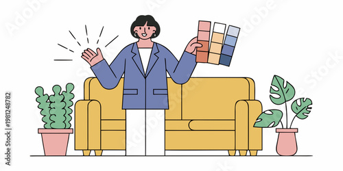 Woman presenting color swatches in a brightly lit modern living room