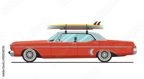 Vintage Red Car with Surfboard.