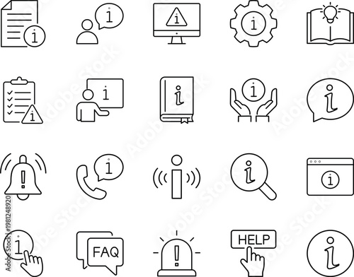 Information, help and support vector icon set, document, computer, book, bell, phone, search, FAQ, help