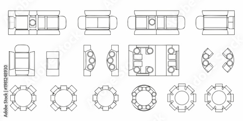 Top down view of various furniture arrangements and table configurations