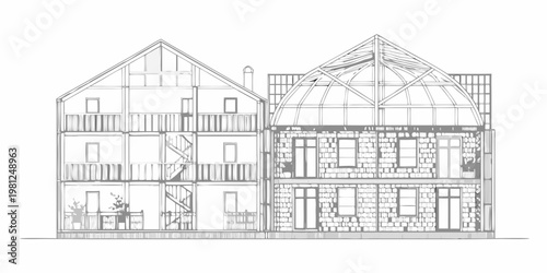 Architectural cross section illustration of two connected stone buildings