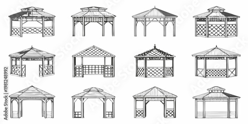 Collection of detailed gazebo illustrations in a black and white style