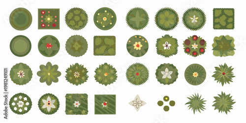 An aerial view collection of various stylized trees and plant life