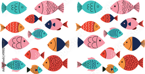 Cute Fish Seamless Pattern with Colorful Cartoon Marine Animals Repeating Background Design Flat Vector Illustration Isolated on White Background