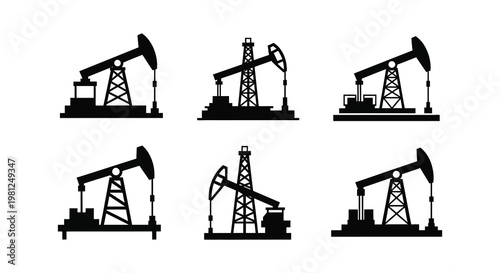 A collection of oil pumps depicted in a stark black silhouette