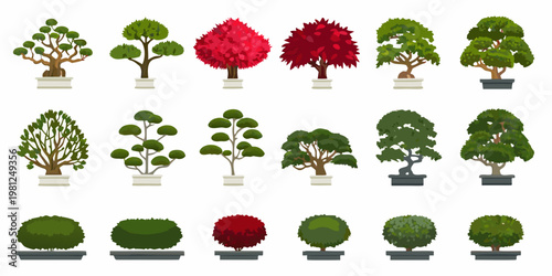 A collection of vibrant stylized bonsai trees in various shapes and colors