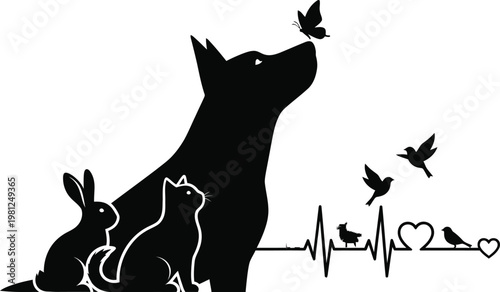A heartwarming vector graphic illustration of a dog, cat, and rabbit with a butterfly and birds, symbolizing love and friendship.