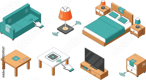 Smart home devices integrated into various living spaces for modern convenience Vector