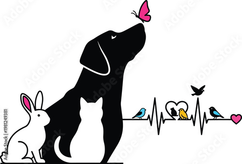 A heartwarming vector illustration of a dog, cat, and rabbit surrounded by birds and a butterfly, symbolizing friendship and love.