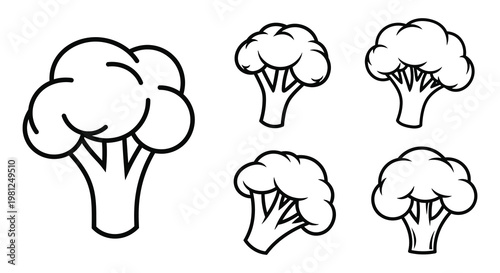 Black and white illustration of broccoli florets outline silhouette