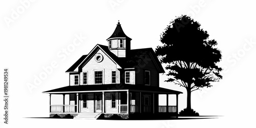 Detailed illustration of a victorian house with a tower and surrounding tree