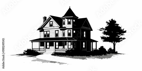 Detailed black and white illustration of a classic victorian style house