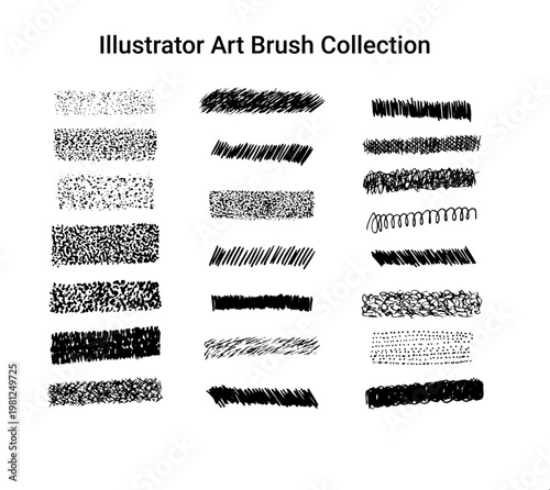 Set of fifteen black digital brush strokes with varied textures including stippled, scribbled and solid styles