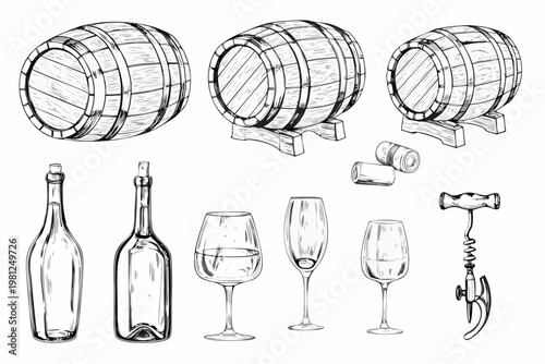 Sketch of wine barrels bottles glasses and a corkscrew