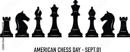 A minimalist vector illustration featuring a complete set of black chess pieces arranged in a row for American Chess Day