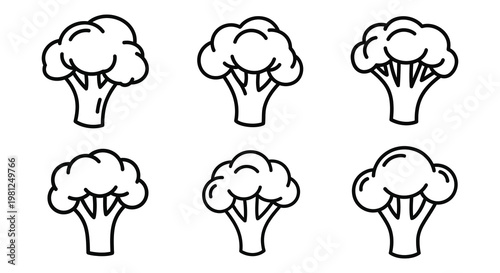 Six broccoli florets depicted in a simple linear silhouette