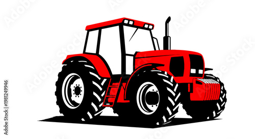 Isolated red agricultural tractor machinery with large black tires for farm industry transport on white background