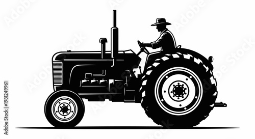 Black and white illustration of a farmer in a hat driving a vintage tractor, depicted in a side profile view, representing agriculture and rural life.