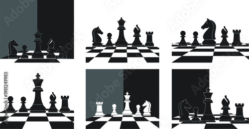 A collection of six distinct vector illustrations featuring various chess piece arrangements on a classic checkered board background design