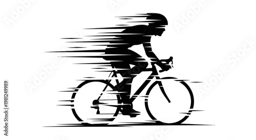 Dynamic black silhouette of a cyclist on a racing bike with speed lines, illustrating rapid motion and athletic performance.