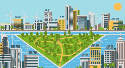 A vibrant, sustainable city with modern buildings, wind turbines, solar panels, and a large central green park surrounded by water.