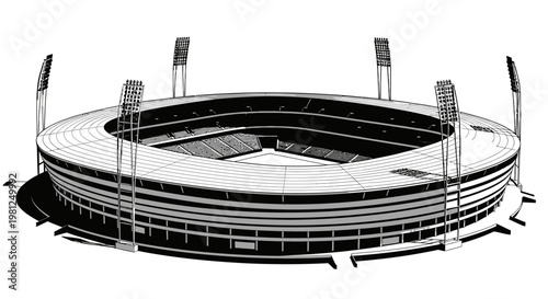 Architectural rendering of a large, modern sports stadium with multiple tiers and prominent floodlights.