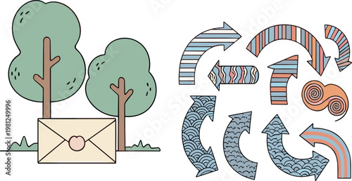 Decorative Arrow Collection and Nature Illustration Set with Trees Envelope and Patterned Directional Arrows Flat Vector Illustration Isolated on White Background