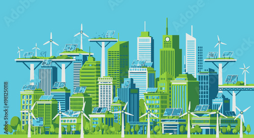 Abstract green city skyline illustration featuring a 3d urban cityscape with skyscraper silhouettes and modern architectural building design in a downtown metropolis