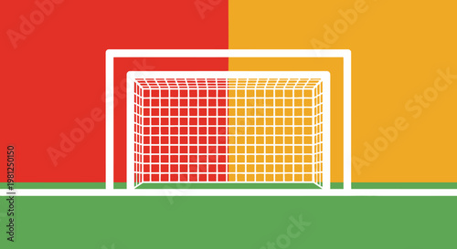 Soccer goal with white net on a green field against a split red and orange background.