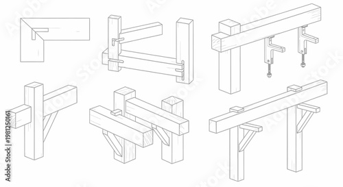 Technical drawings illustrating various timber framing and woodworking joint types.