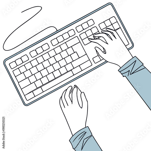 An overhead view depicts two hands actively typing on a computer keyboard showcasing the interaction between human and technology high quality professional