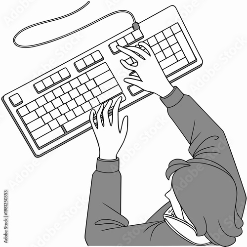 A line drawing depicts a person using a computer keyboard with hands poised to type and a hooded figure suggesting anonymity