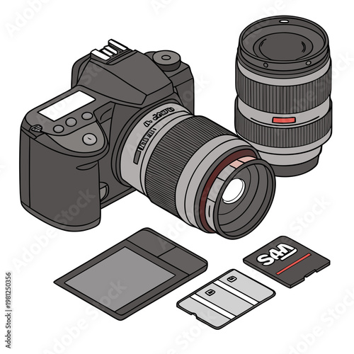 A detailed illustration showcases a digital slr camera featuring two lenses a memory card and a smartphone beside it high quality professional
