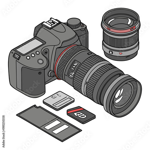 An illustrative depiction showcases a digital slr camera lens memory card and film slide arranged for a technical visual high quality professional