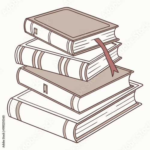 A neatly stacked pile of four closed books is illustrated in a simple cartoon style with a reddish bookmark peeking out