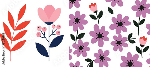 Floral Elements and Seamless Flower Pattern Collection with Modern Botanical Leaves and Blossoms Flat Vector Illustration Set Isolated on White Background