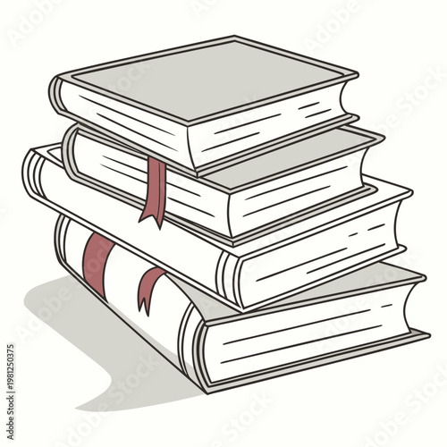A simple illustration depicts a neat stack of four closed books rendered in a minimalist hand drawn style with subtle shading