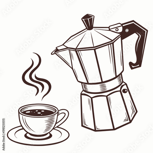 A detailed sketch showcases a classic stovetop moka pot alongside a small cup of coffee emitting wisps of steam high quality professional