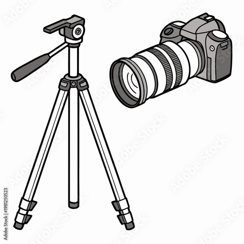 A detailed illustration showcases a professional digital slr camera mounted on a sturdy tripod emphasizing photography equipment high quality modern elegant stylish