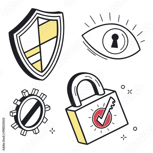 A colorful illustration depicts security elements a shield an eye a padlock and a gear representing safety and protection high quality professional