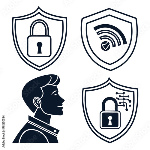 This image showcases security and privacy concepts with icons representing data protection a user profile and network safety high quality professional detailed