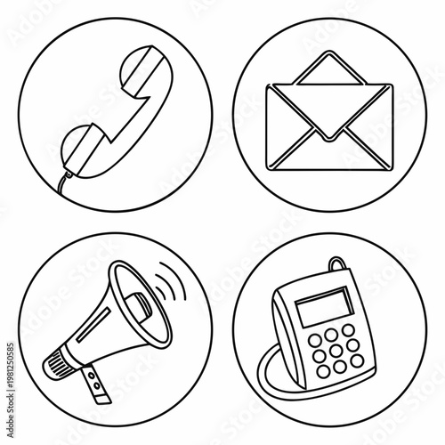 A set of four circular line art icons representing communication methods telephone email megaphone and fax machine high quality professional detailed modern