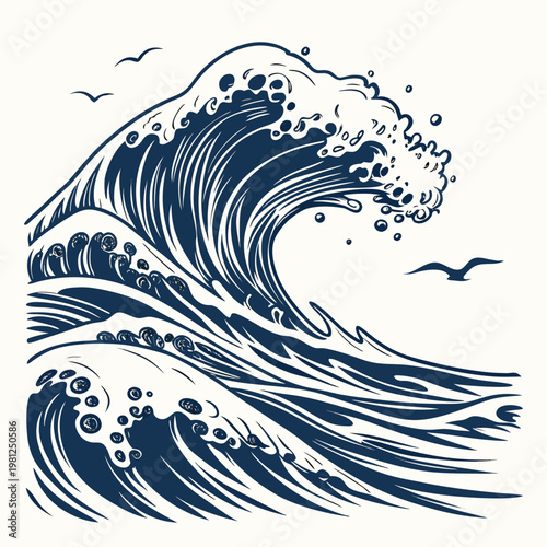 A striking blue and white illustration depicts a large curling ocean wave with three birds soaring above it high quality professional detailed