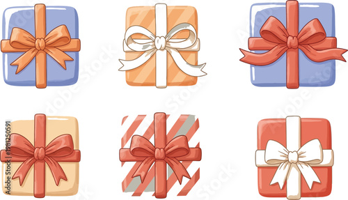 Six beautifully wrapped gift boxes with colorful ribbons and bows displayed in a grid. Vector