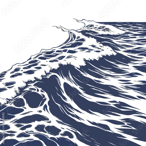 A striking blue and white illustration depicts powerful ocean waves crashing with detailed foamy crests and a sense of dynamic movement