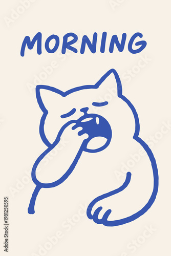 Funny morning cat doodle vector illustration with sleepy yawn and playful hand drawn pet character
