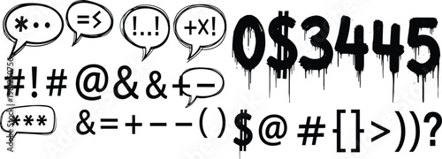 Hand Drawn Symbols and Numbers Collection with Speech Bubbles Graffiti Style Digits Punctuation Signs and Typographic Elements Vector Illustration Set Isolated on White Background