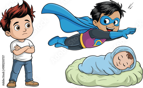 A young hero flies past a concerned brother and baby